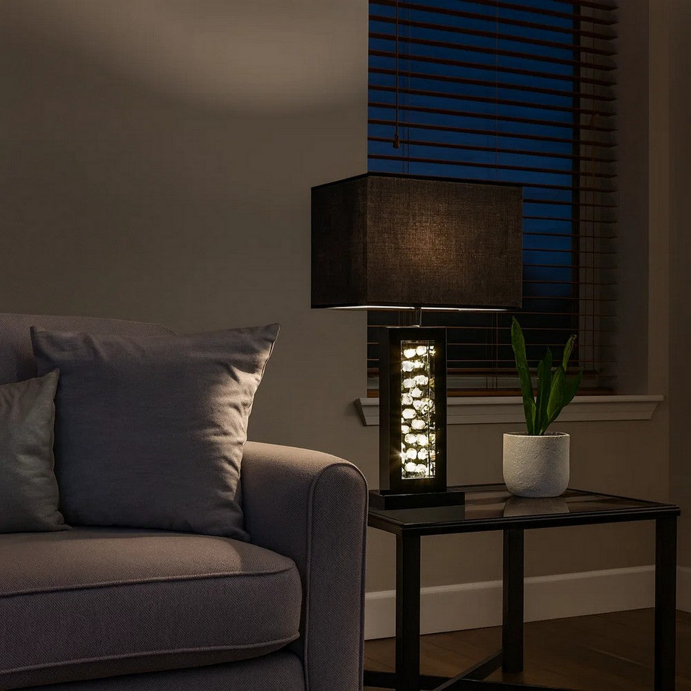 Benjara 28 Inch Nickel Table Lamp, Black Fabric Shade, Glass Panel And LED Accents