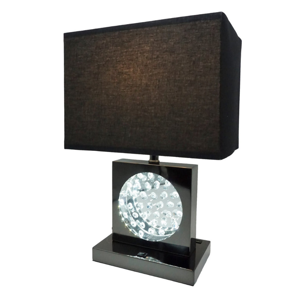 Benjara Rohi 22 Inch Table Lamp, Black Fabric Shade, Nickel Base, LED Accents