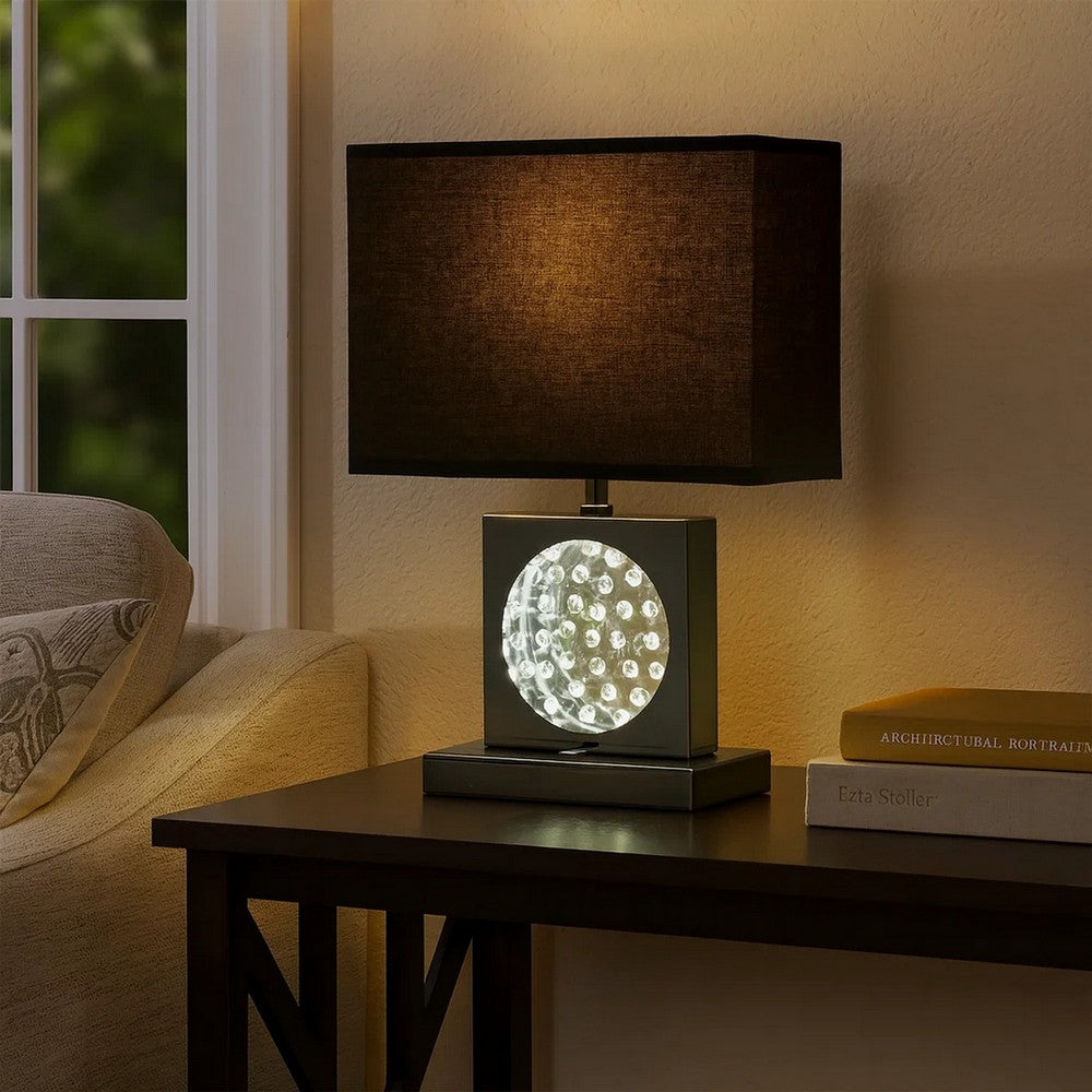Benjara Rohi 22 Inch Table Lamp, Black Fabric Shade, Nickel Base, LED Accents