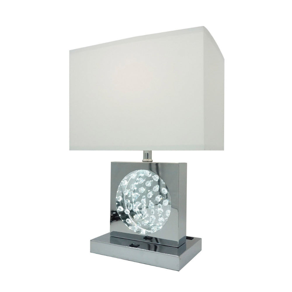 Benjara Rohi 22 Inch Table Lamp, White Fabric Shade, Chrome Base, LED Accents