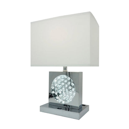 Benjara Rohi 22 Inch Table Lamp, White Fabric Shade, Chrome Base, LED Accents