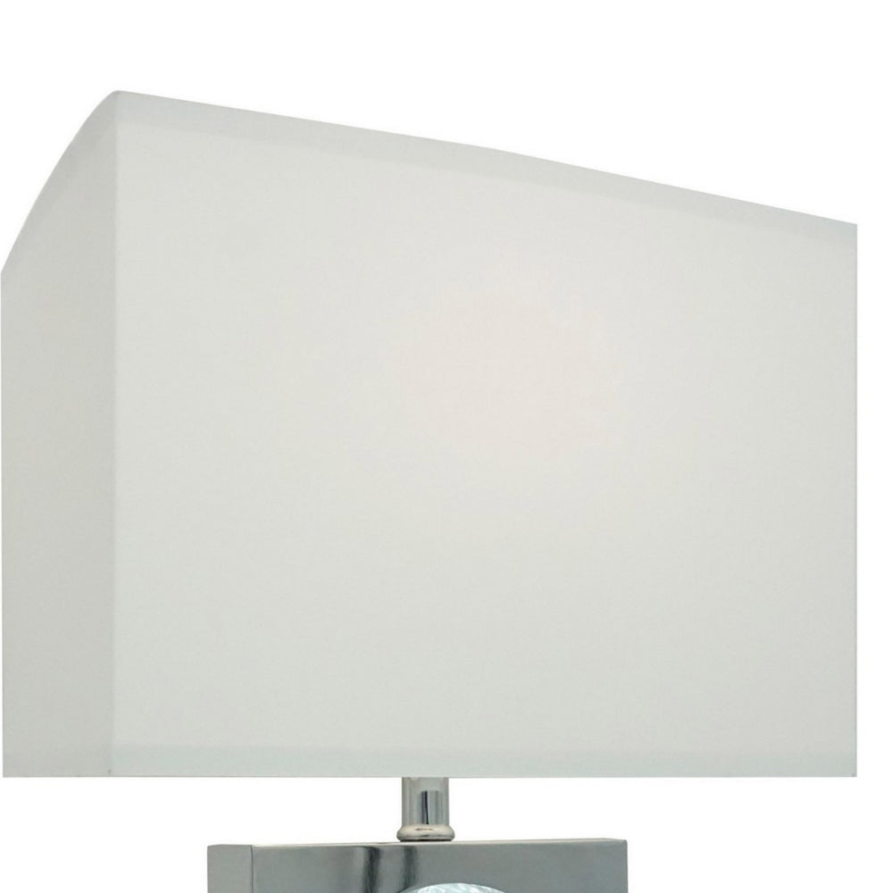 Benjara Rohi 22 Inch Table Lamp, White Fabric Shade, Chrome Base, LED Accents