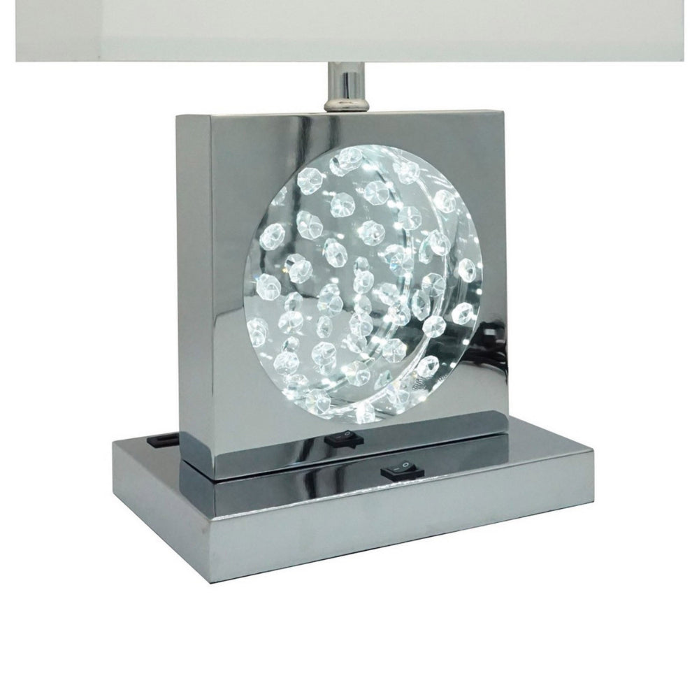 Benjara Rohi 22 Inch Table Lamp, White Fabric Shade, Chrome Base, LED Accents