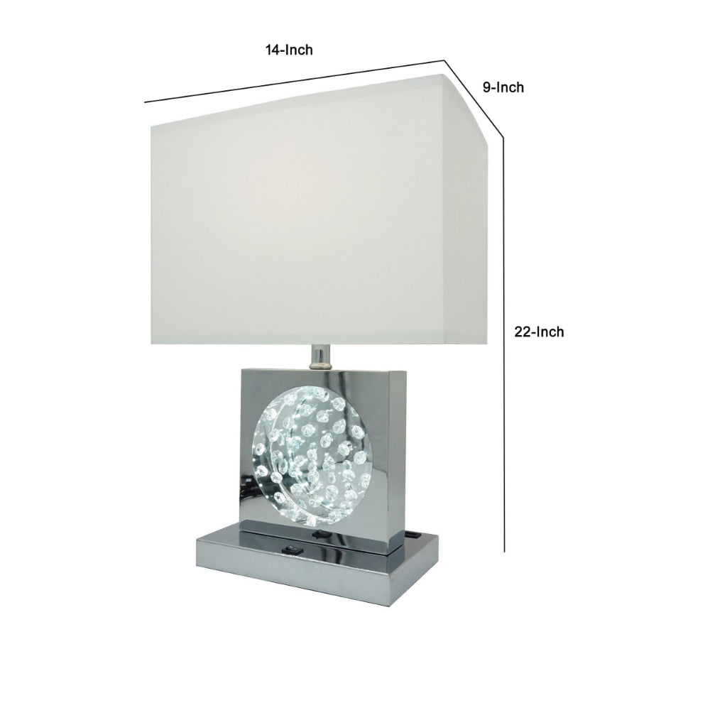 Benjara Rohi 22 Inch Table Lamp, White Fabric Shade, Chrome Base, LED Accents