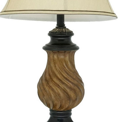 Benjara 29 Inch Table Lamp, Traditional Round Beige Fabric Shade, Brown Plinth Base