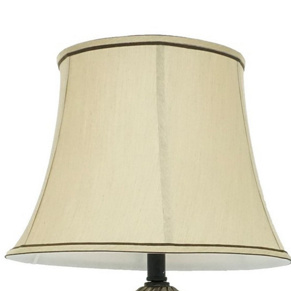 Benjara 29 Inch Table Lamp, Traditional Round Beige Fabric Shade, Brown Plinth Base