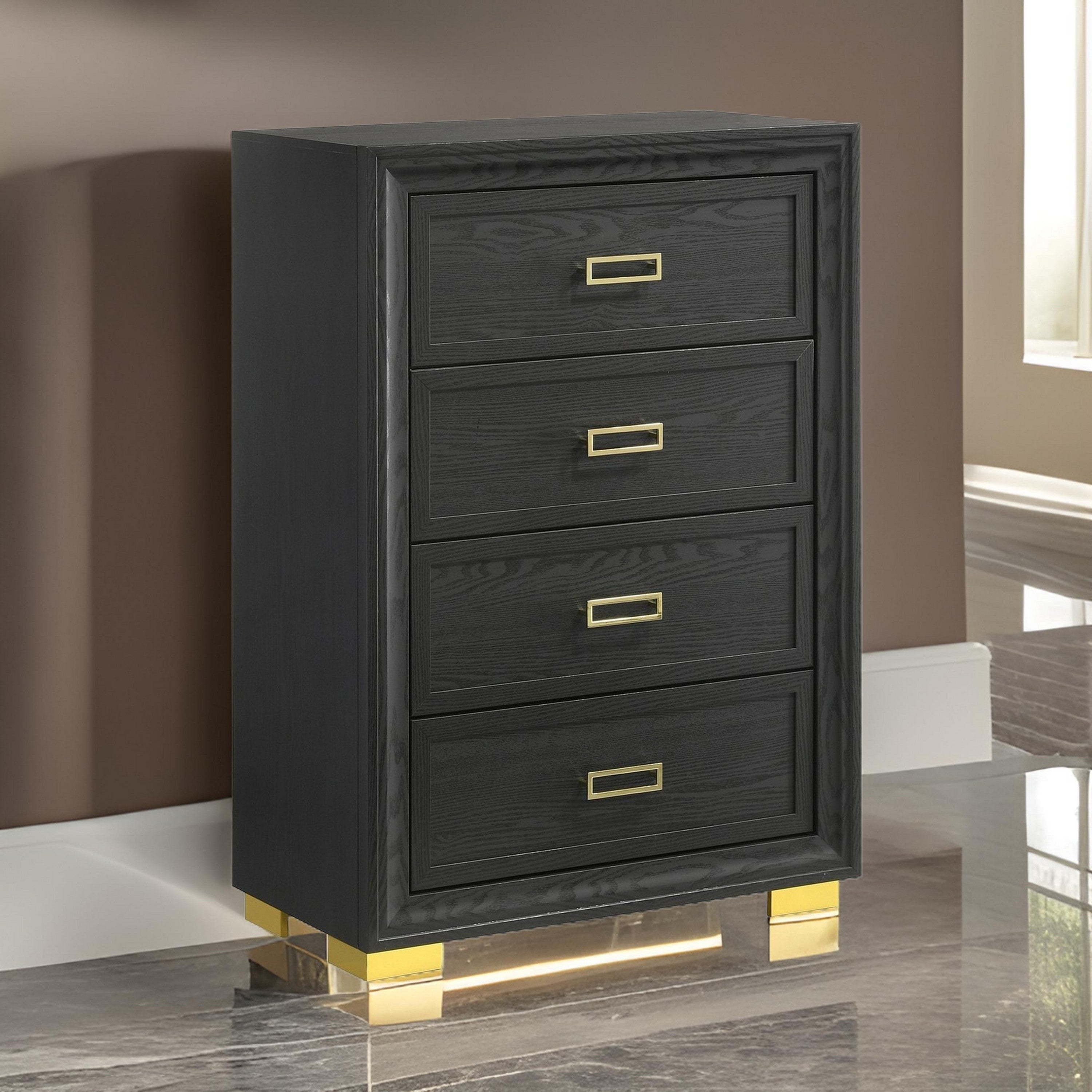 Benjara Nio 48 Inch Tall 4 Drawer Dresser Chest, Bracket Legs, Frame Handles, Gray
