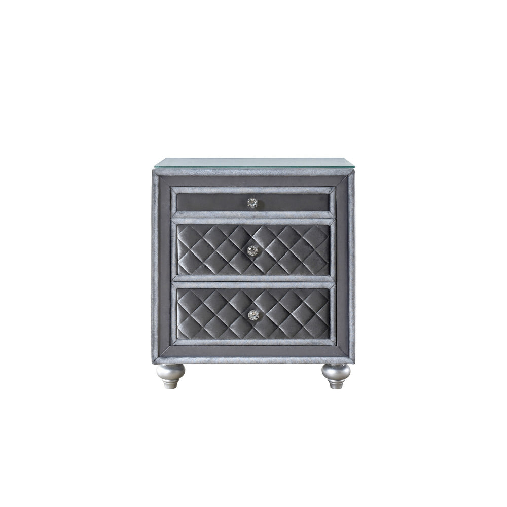 Benjara Rall 30 Inch 3 Drawer Nightstand, Glass Top, Crystal Knobs, Gray Velvet