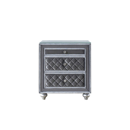Benjara Rall 30 Inch 3 Drawer Nightstand, Glass Top, Crystal Knobs, Gray Velvet