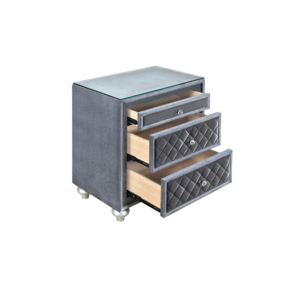 Benjara Rall 30 Inch 3 Drawer Nightstand, Glass Top, Crystal Knobs, Gray Velvet