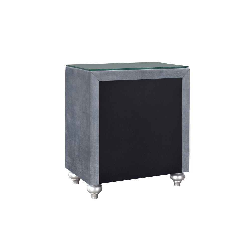 Benjara Rall 30 Inch 3 Drawer Nightstand, Glass Top, Crystal Knobs, Gray Velvet
