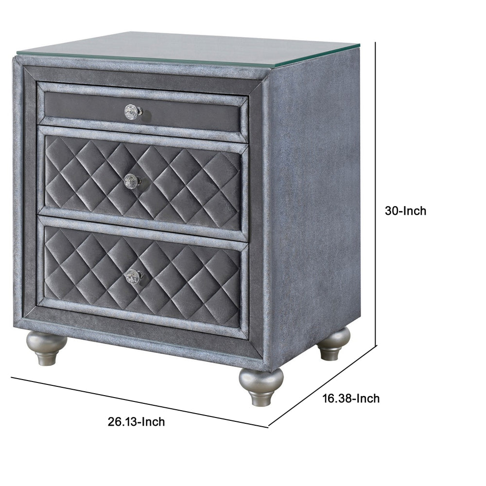 Benjara Rall 30 Inch 3 Drawer Nightstand, Glass Top, Crystal Knobs, Gray Velvet