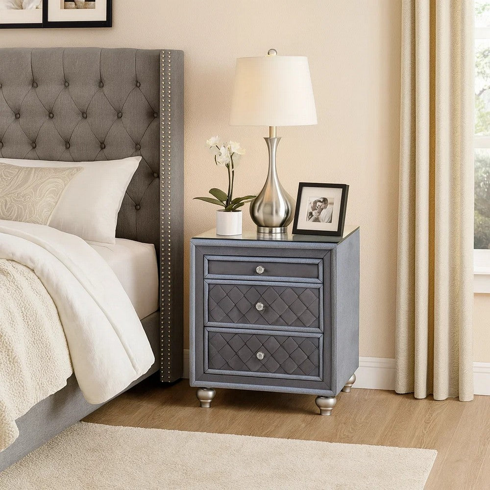 Benjara Rall 30 Inch 3 Drawer Nightstand, Glass Top, Crystal Knobs, Gray Velvet