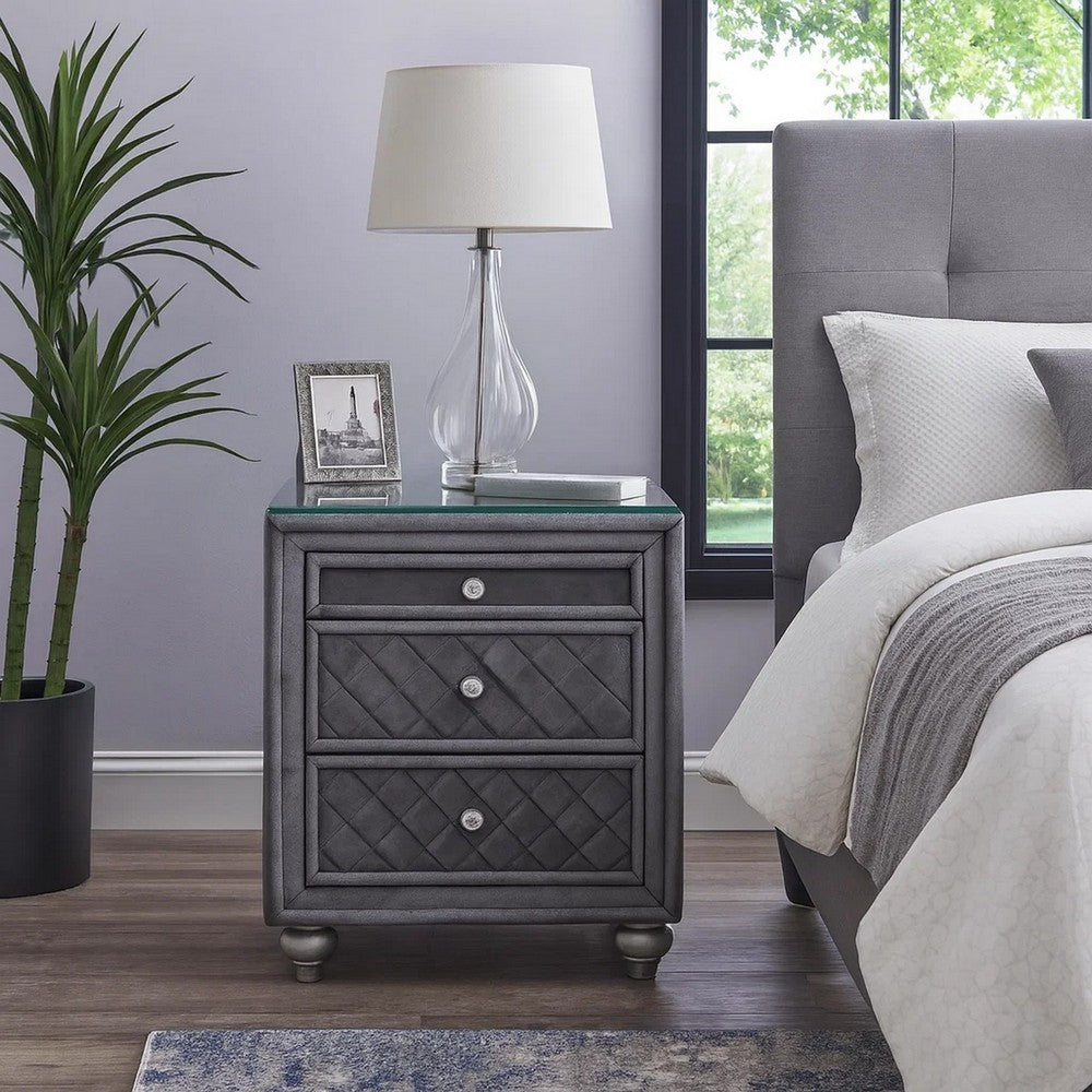 Benjara Rall 30 Inch 3 Drawer Nightstand, Glass Top, Crystal Knobs, Gray Velvet