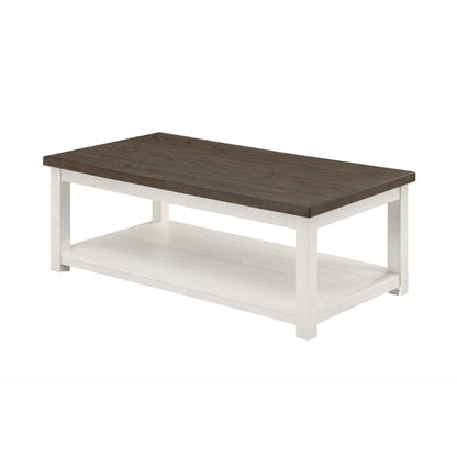 Benjara Mon 48 Inch Rectangular Coffee Table, Bottom Shelf, Brown Top, White Frame