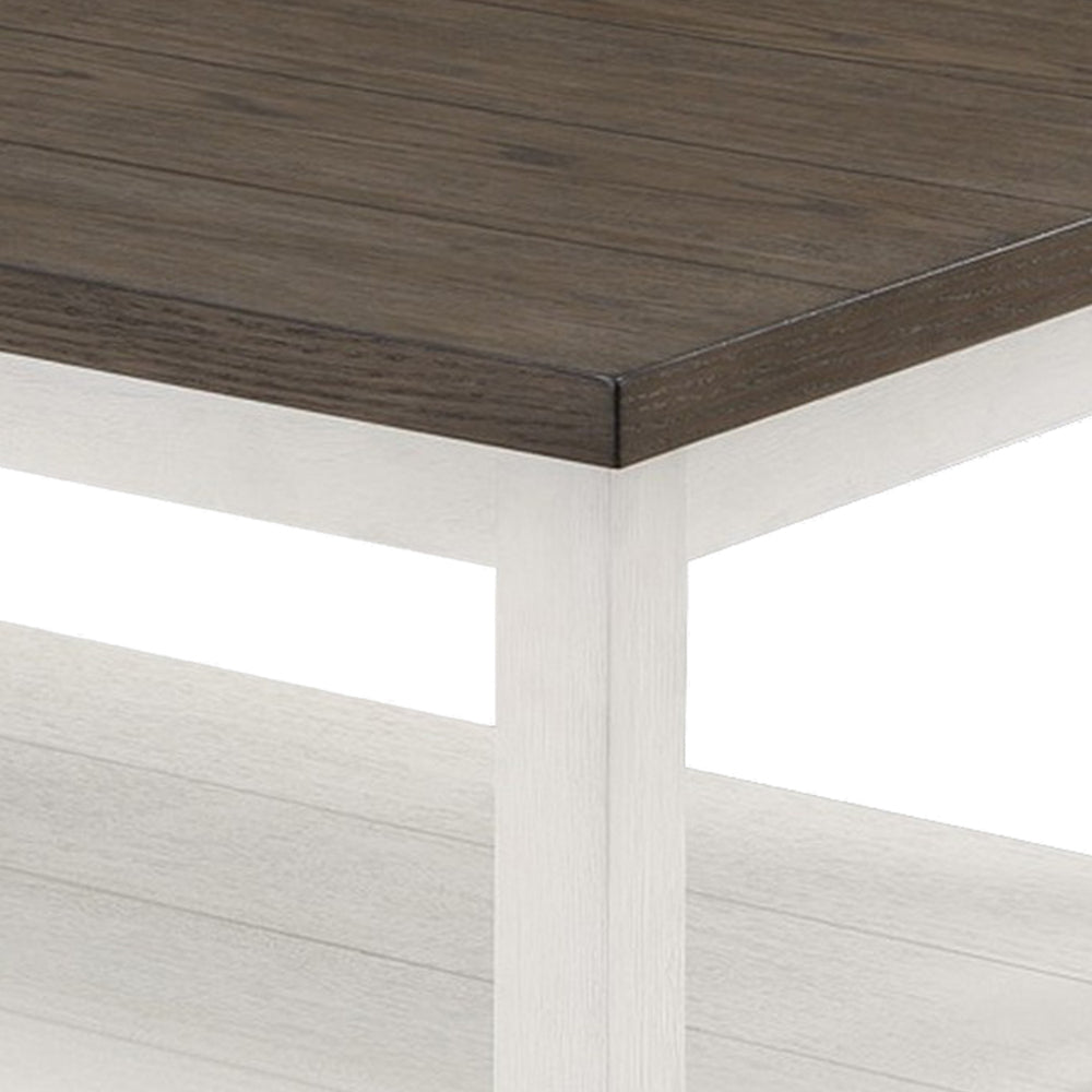 Benjara Mon 48 Inch Rectangular Coffee Table, Bottom Shelf, Brown Top, White Frame