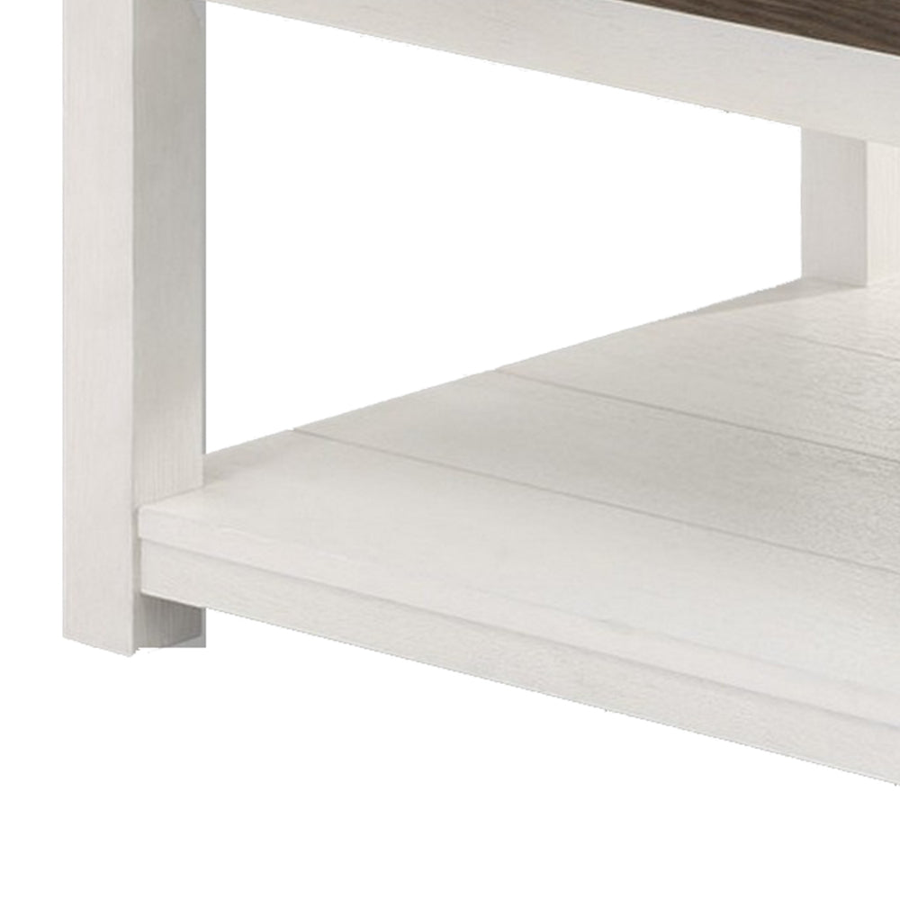 Benjara Mon 48 Inch Rectangular Coffee Table, Bottom Shelf, Brown Top, White Frame