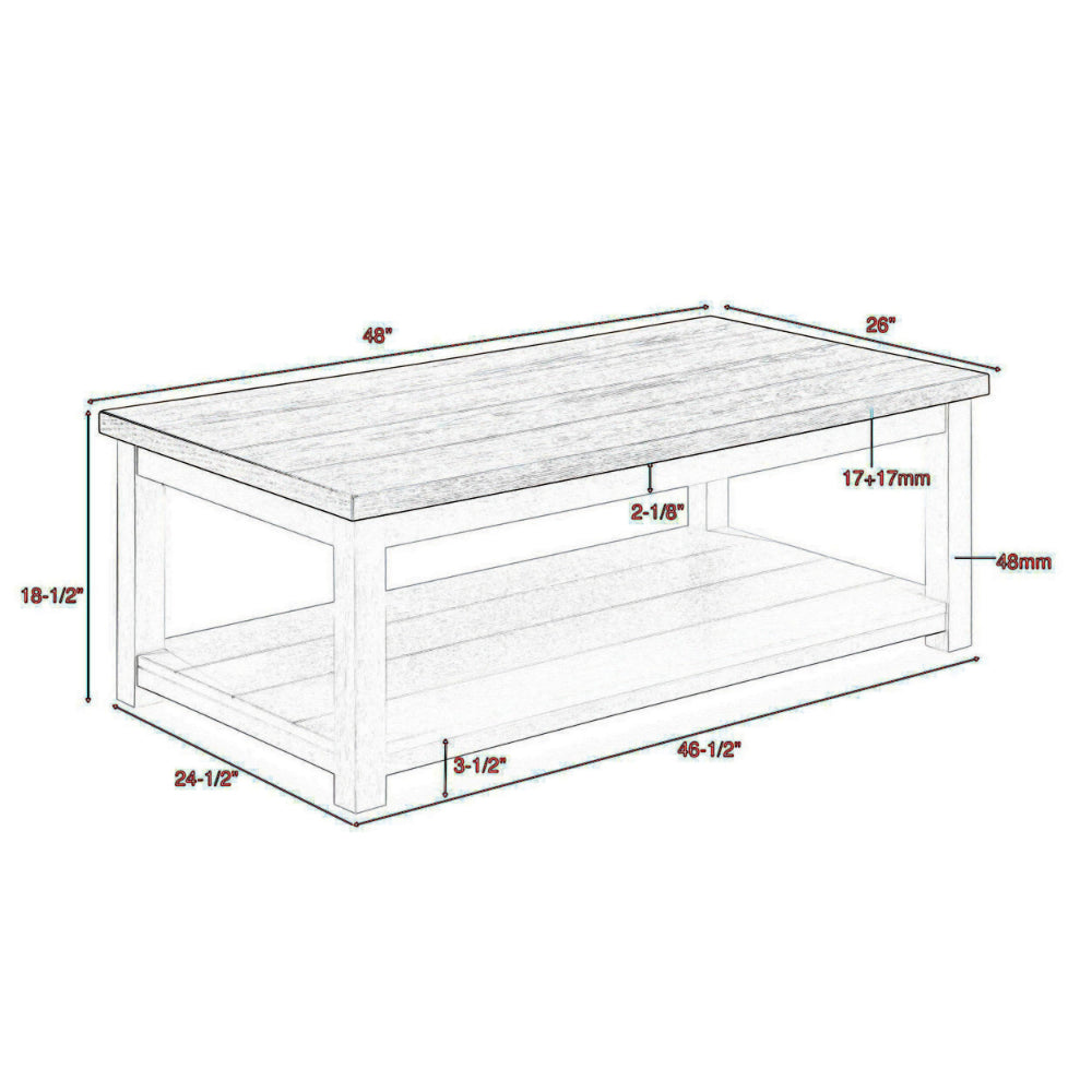 Benjara Mon 48 Inch Rectangular Coffee Table, Bottom Shelf, Brown Top, White Frame