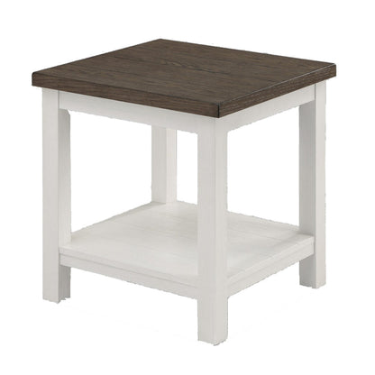 Benjara Mon 24 Inch Square End Table, Open Bottom Shelf, Brown Top, White Frame