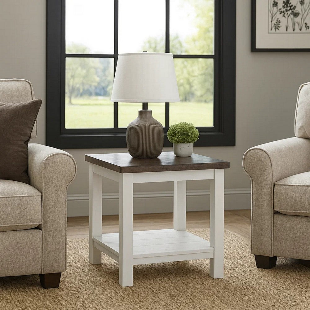 Benjara Mon 24 Inch Square End Table, Open Bottom Shelf, Brown Top, White Frame