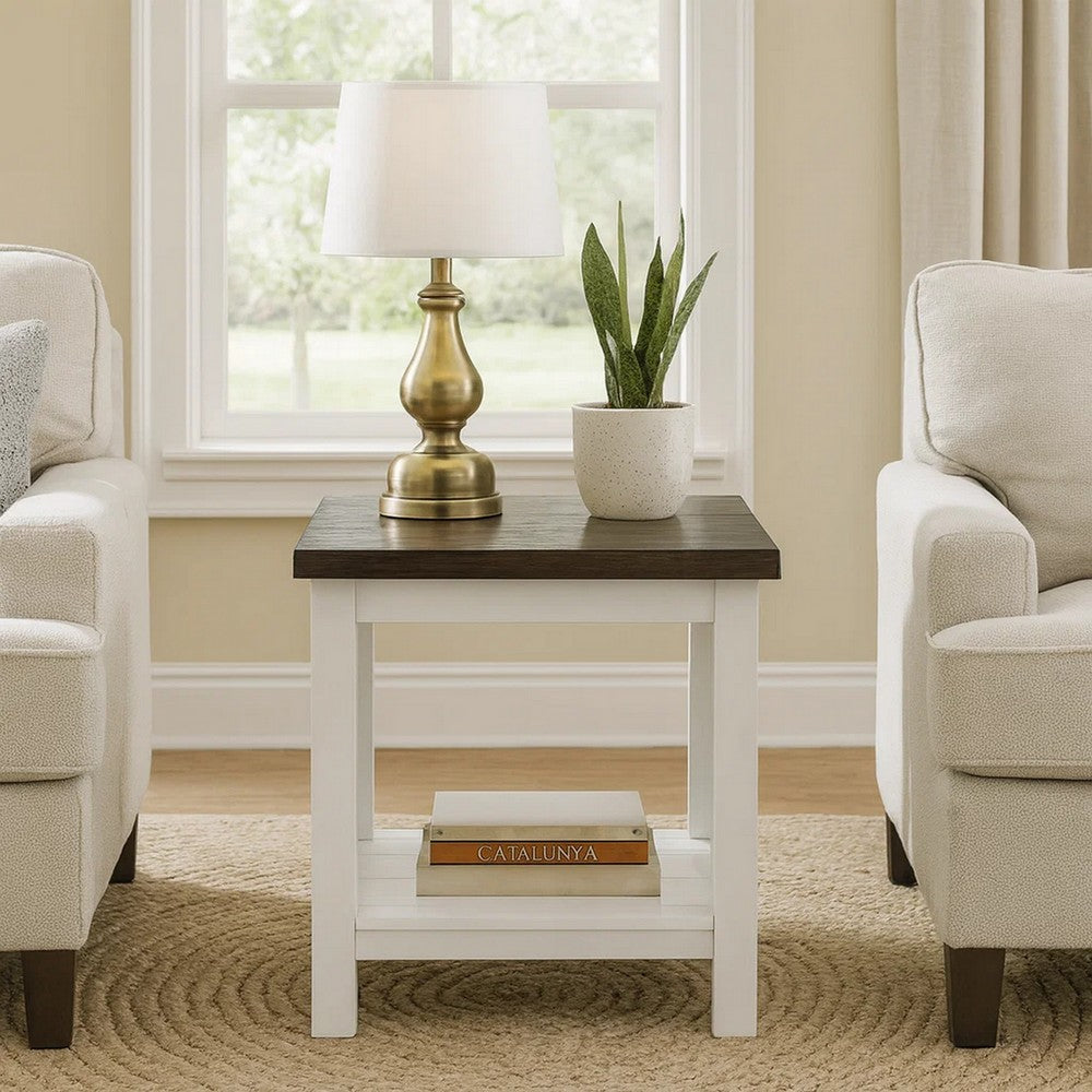 Benjara Mon 24 Inch Square End Table, Open Bottom Shelf, Brown Top, White Frame