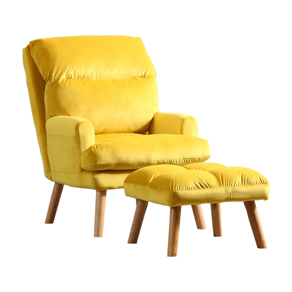 Benjara Nina 28 Inch 2 Piece Accent Chair And Ottoman Set, Splayed Legs, Yellow