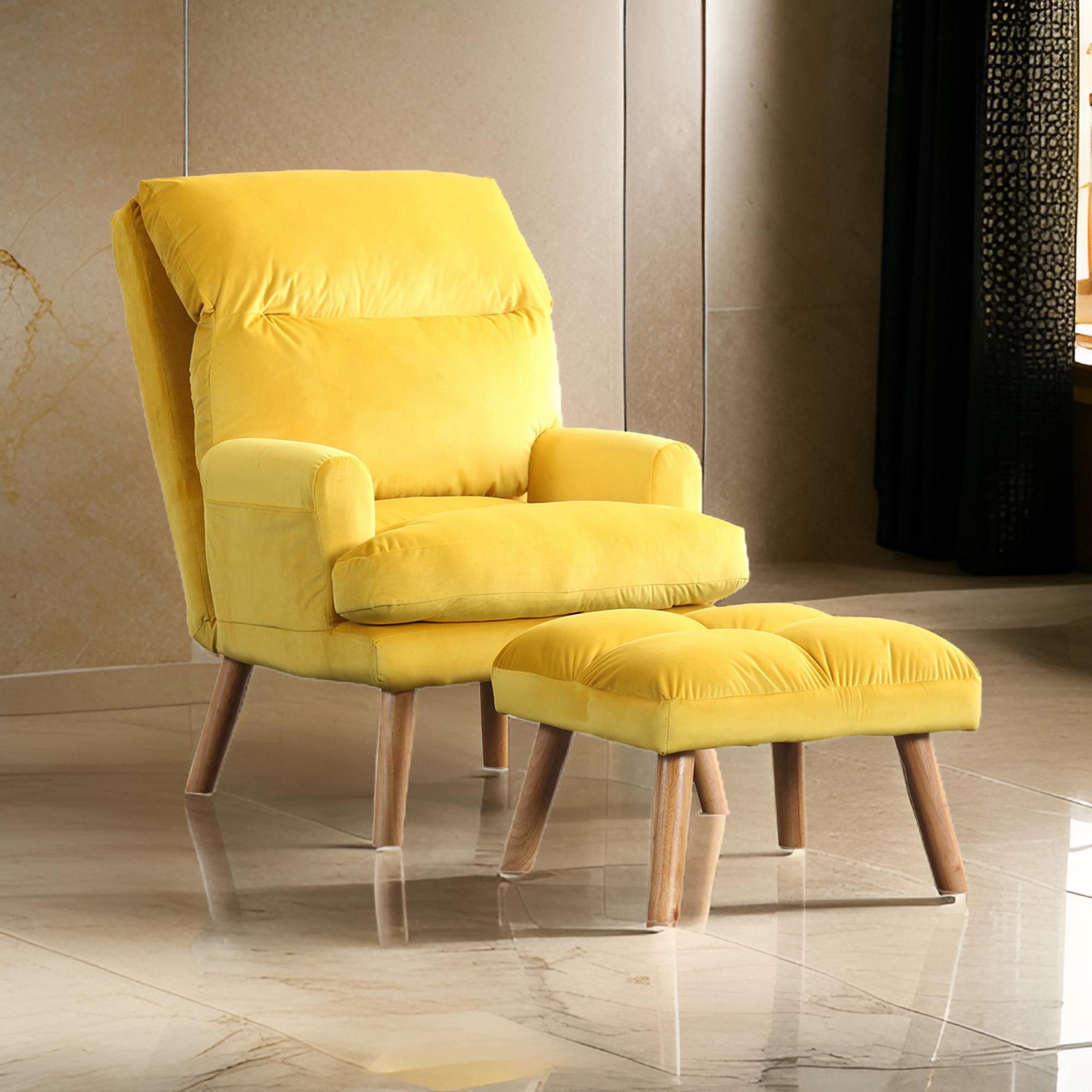 Benjara Nina 28 Inch 2 Piece Accent Chair And Ottoman Set, Splayed Legs, Yellow