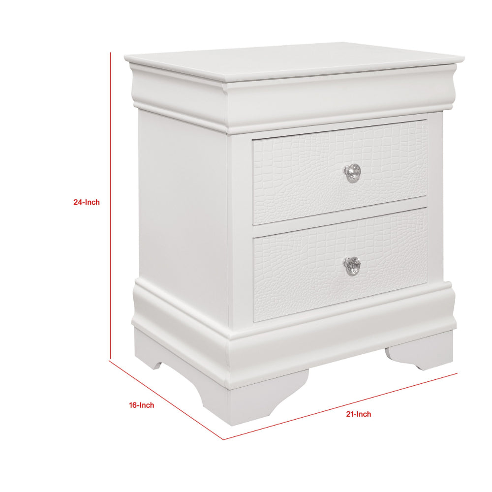 Benjara Teich 24 Inch Wood Nightstand, 2 Drawers, Textured Panels, Crisp White
