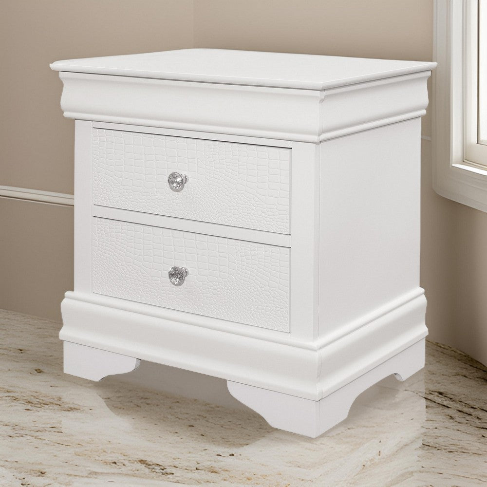 Benjara Teich 24 Inch Wood Nightstand, 2 Drawers, Textured Panels, Crisp White