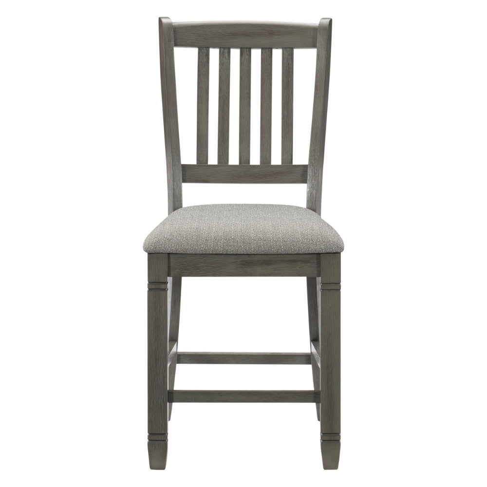 Benjara Rome 25 Inch Counter Height Chair, Fabric Seat, Antique Gray Wood, Set of 2