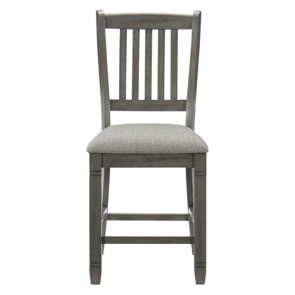 Benjara Rome 25 Inch Counter Height Chair, Fabric Seat, Antique Gray Wood, Set of 2