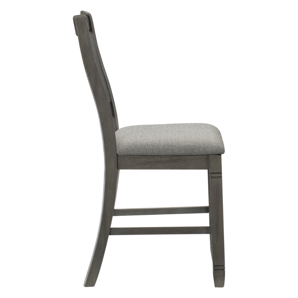 Benjara Rome 25 Inch Counter Height Chair, Fabric Seat, Antique Gray Wood, Set of 2