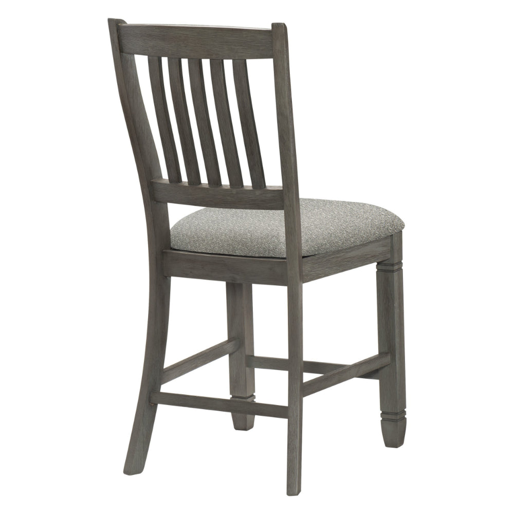 Benjara Rome 25 Inch Counter Height Chair, Fabric Seat, Antique Gray Wood, Set of 2