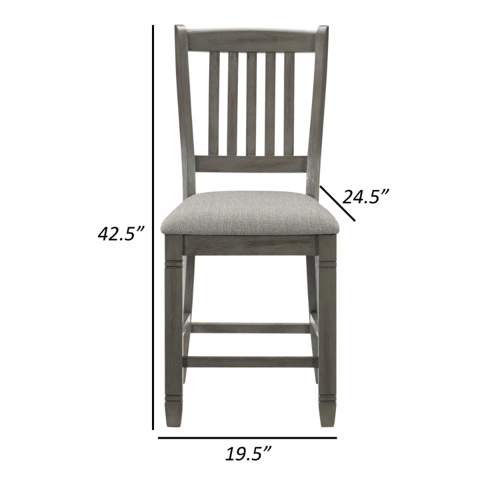 Benjara Rome 25 Inch Counter Height Chair, Fabric Seat, Antique Gray Wood, Set of 2