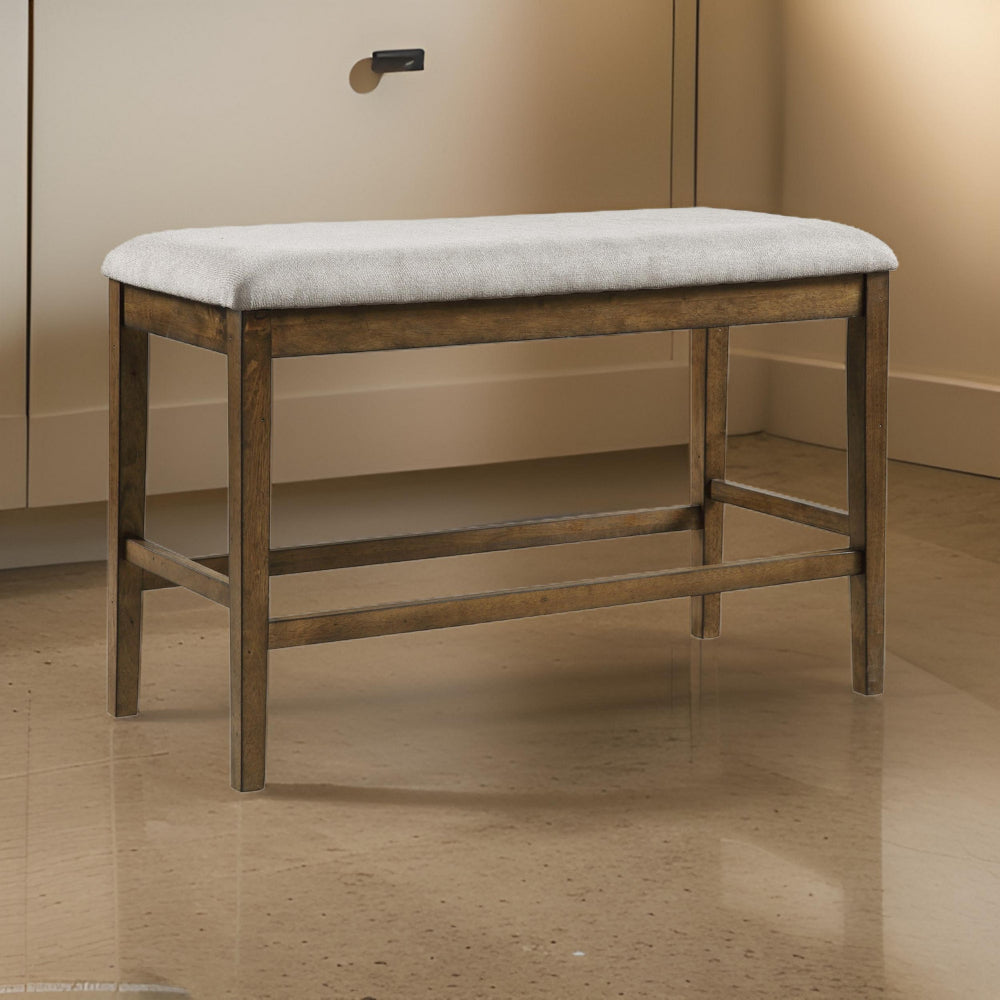 Benjara Carl 39 Inch Two Tone Counter Bench, Gray Fabric Seat, Light Oak Wood