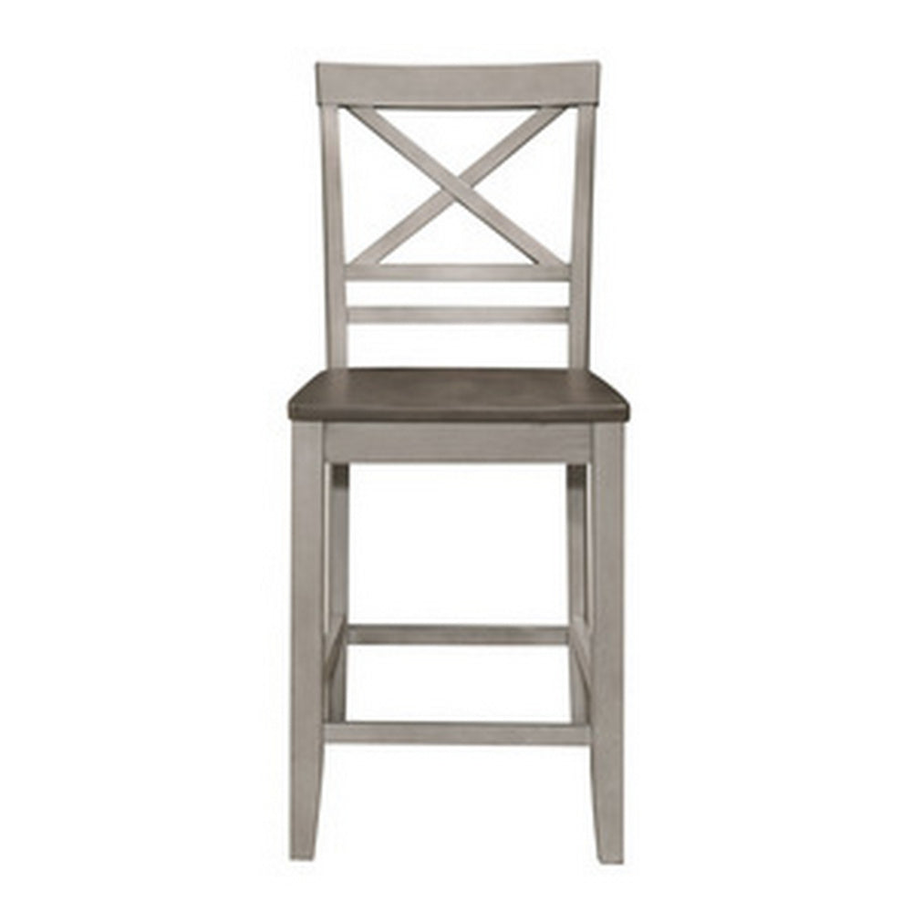 Benjara Brian 23 Inch Counter Chair, Crossbuck Backrest, Rustic Gray Wood, Brown