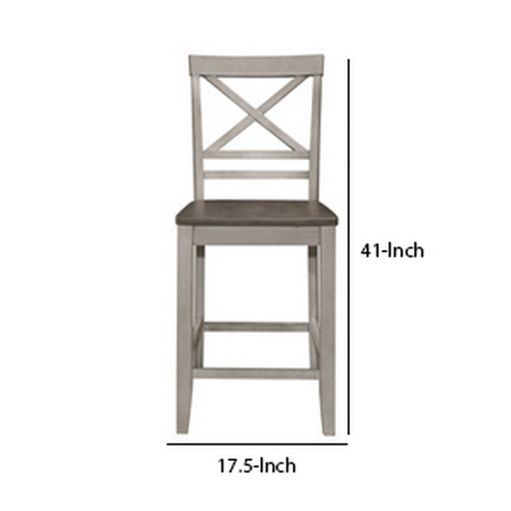 Benjara Brian 23 Inch Counter Chair, Crossbuck Backrest, Rustic Gray Wood, Brown