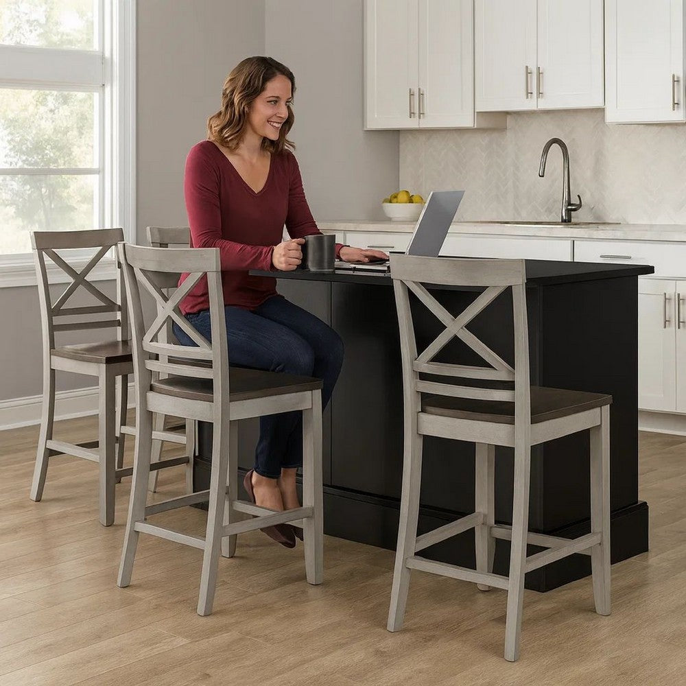 Benjara Brian 23 Inch Counter Chair, Crossbuck Backrest, Rustic Gray Wood, Brown
