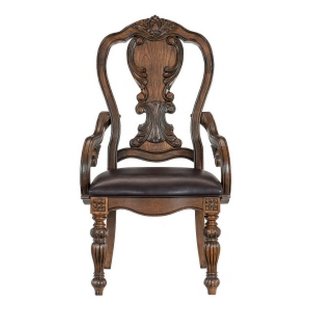 Benjara Devi 20 Inch Armchair, Queen Anne Backrest, Turned Legs, Rustic Brown