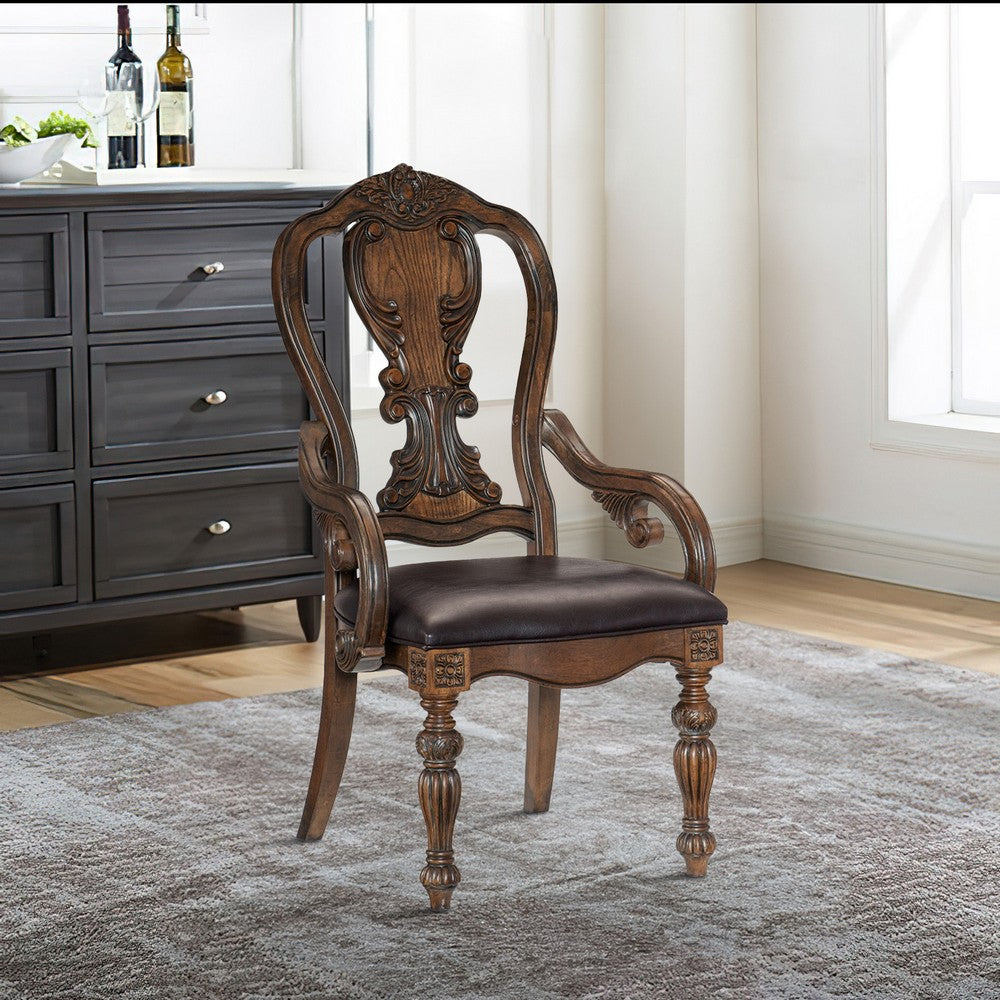 Benjara Devi 20 Inch Armchair, Queen Anne Backrest, Turned Legs, Rustic Brown
