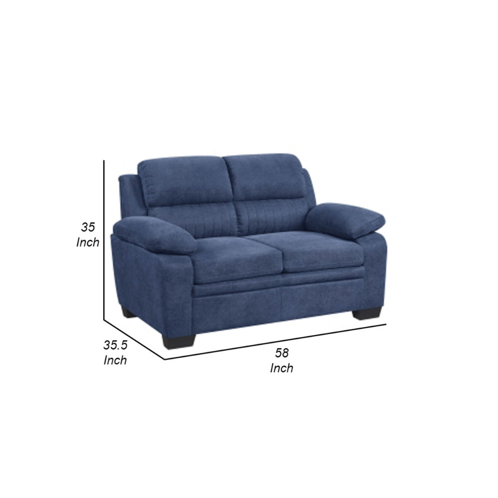 Benjara Hugh 58 Inch Loveseat, Blue Fabric, Pillow Armrests, Channel Tufted Back