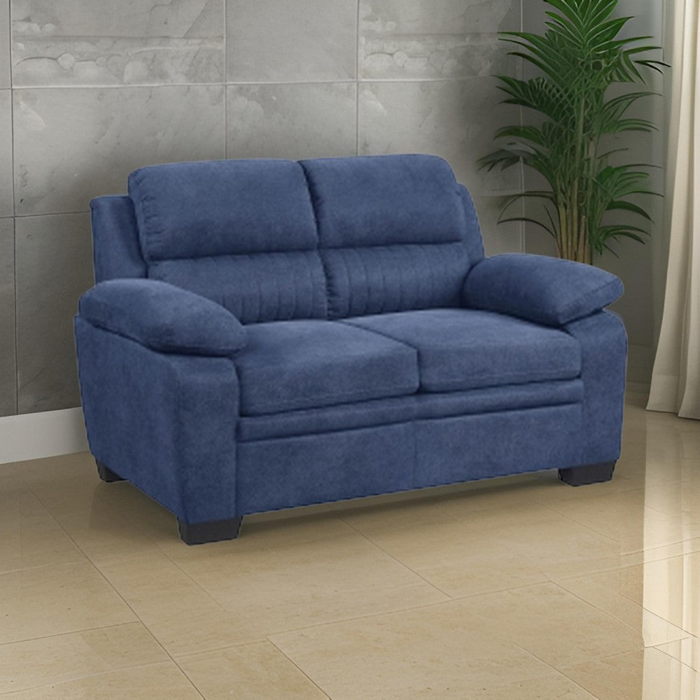 Benjara Hugh 58 Inch Loveseat, Blue Fabric, Pillow Armrests, Channel Tufted Back