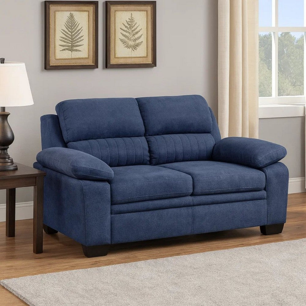 Benjara Hugh 58 Inch Loveseat, Blue Fabric, Pillow Armrests, Channel Tufted Back