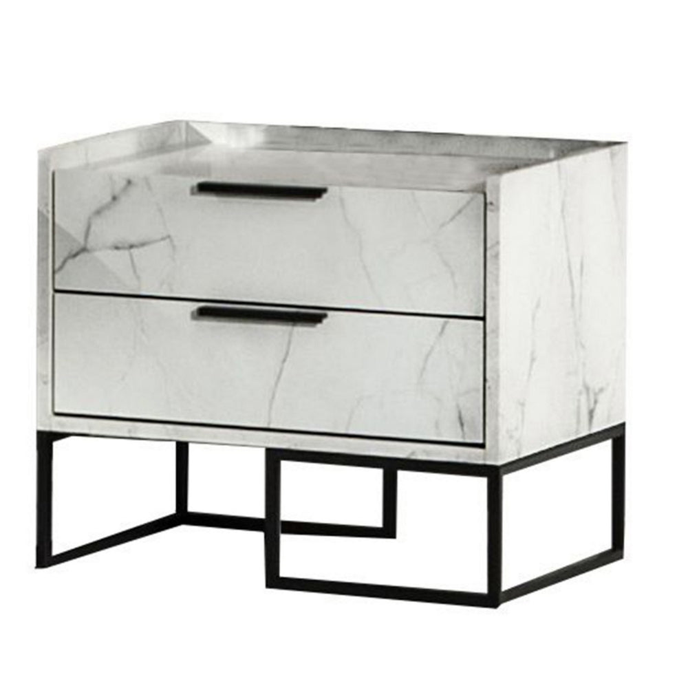 Benjara Noe Paul 24 Inch Wood Nightstand, 2 Drawers, Faux White Marble, Metal Legs
