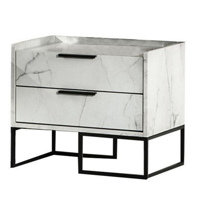 Benjara Noe Paul 24 Inch Wood Nightstand, 2 Drawers, Faux White Marble, Metal Legs