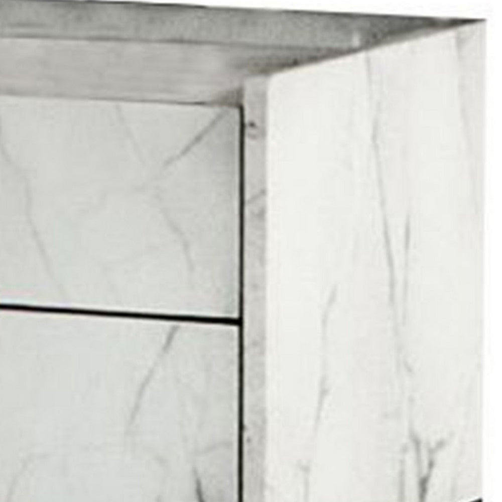 Benjara Noe Paul 24 Inch Wood Nightstand, 2 Drawers, Faux White Marble, Metal Legs