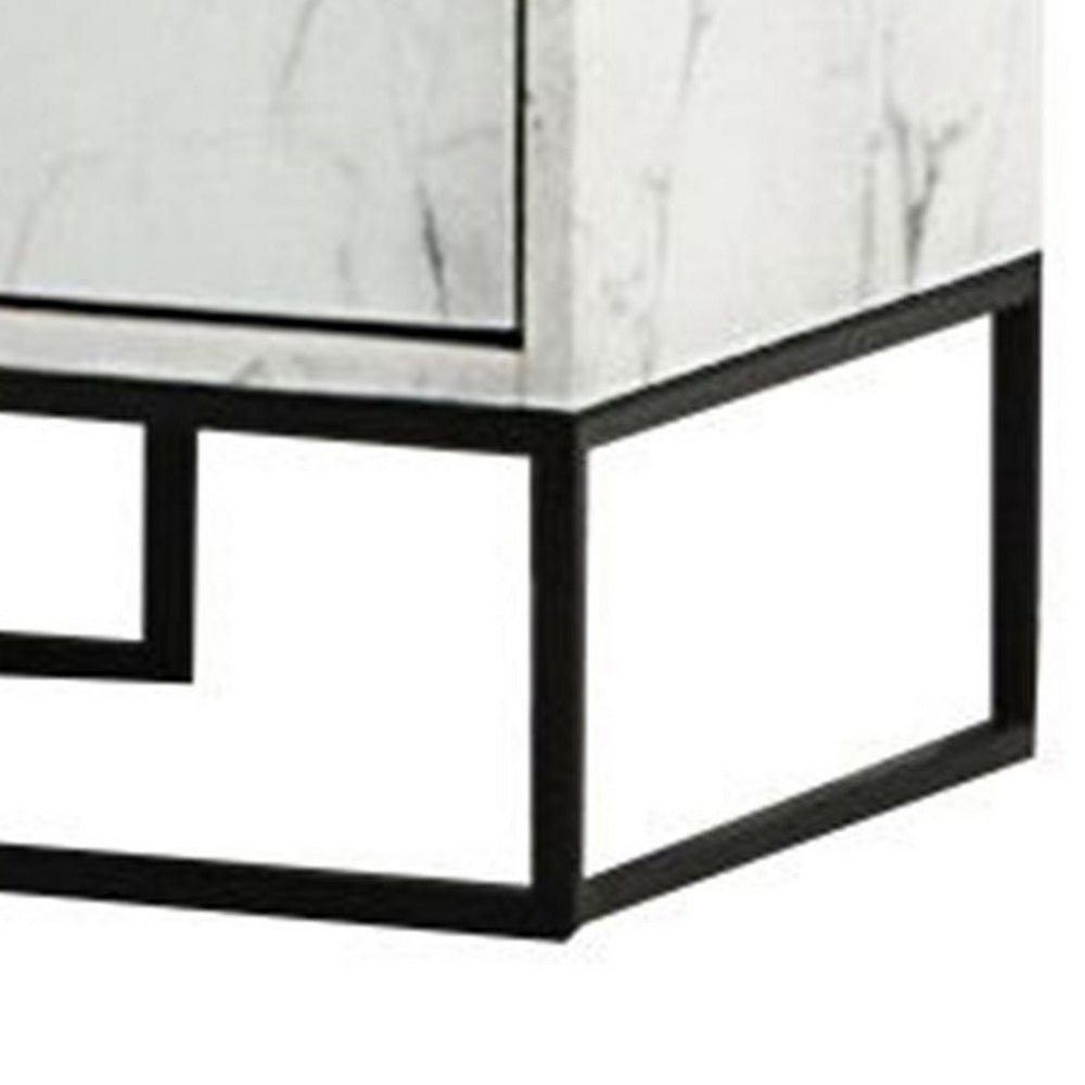 Benjara Noe Paul 24 Inch Wood Nightstand, 2 Drawers, Faux White Marble, Metal Legs