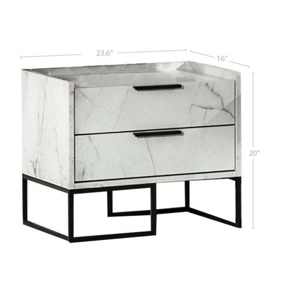 Benjara Noe Paul 24 Inch Wood Nightstand, 2 Drawers, Faux White Marble, Metal Legs