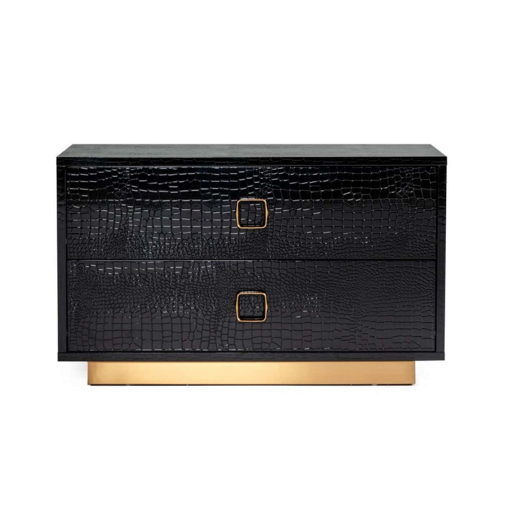 Benjara Hart 32 Inch Nightstand, 2 Drawers, Crocodile Skin Texture, Lacquer, Black