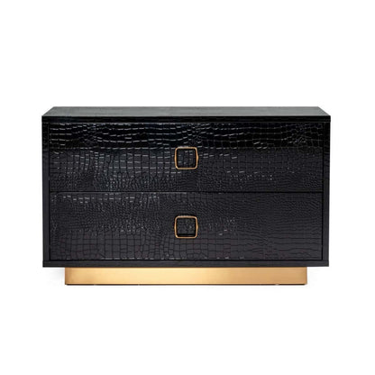 Benjara Hart 32 Inch Nightstand, 2 Drawers, Crocodile Skin Texture, Lacquer, Black